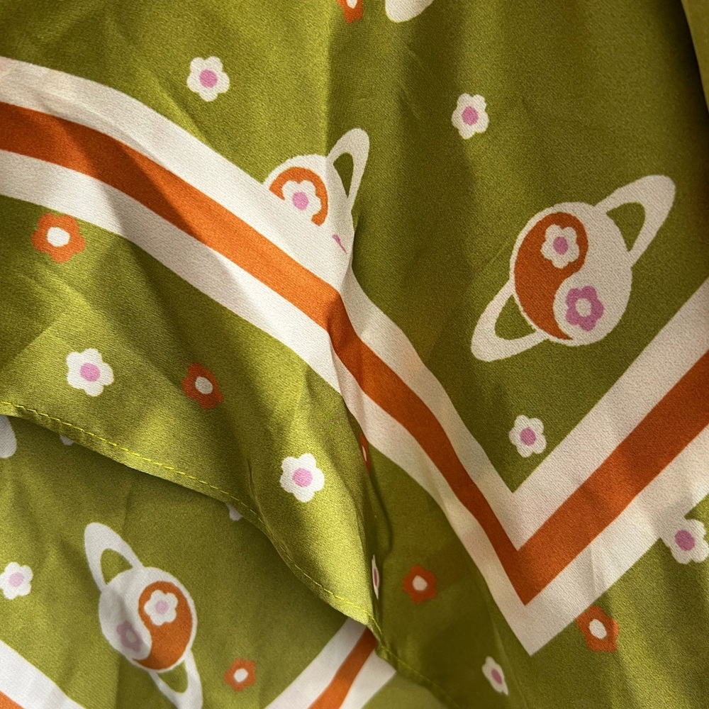 NWT Urban Outfitters Large Satin Scarf Yin Yang Planets Flowers green